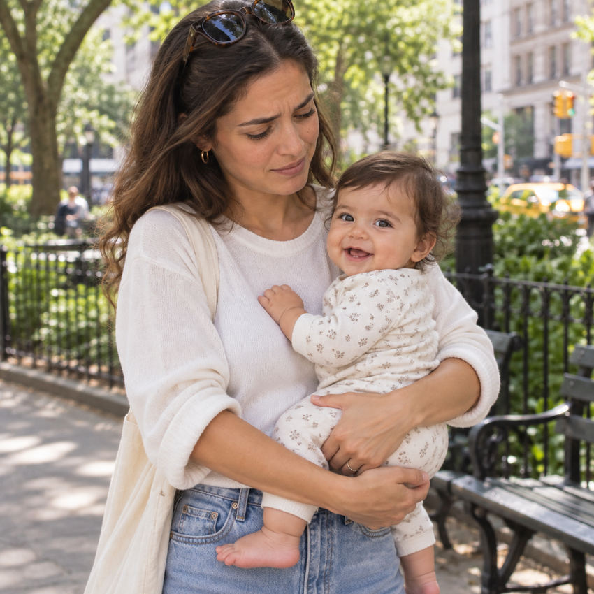 Parent carrying toddler in arms without a carry assist
