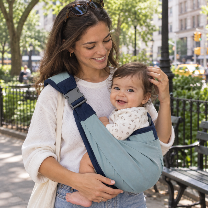 Parent supporting toddler using a MiniNest shoulder carry assist